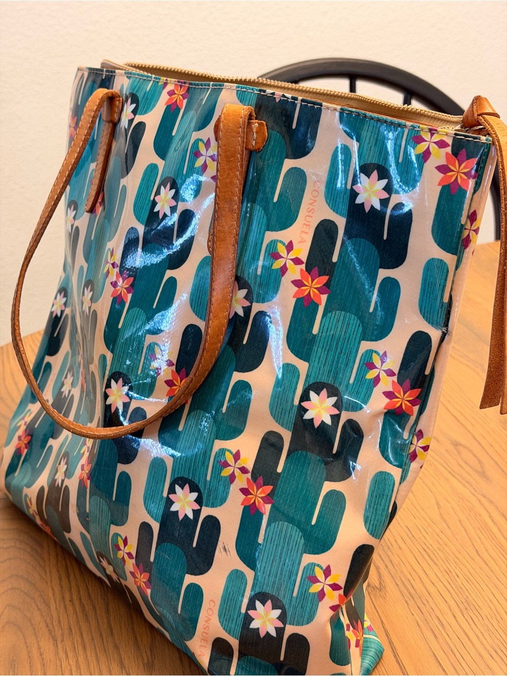 Consuela Teal Cactus Print Tote with Brown Handles - Picture 2 of 4